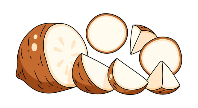 Conceptual illustration of sliced and whole cassava roots on a white surface
