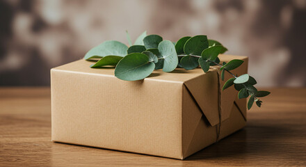 Thoughtfully wrapped gift box adorned with fresh eucalyptus sprigs, perfect for any celebration