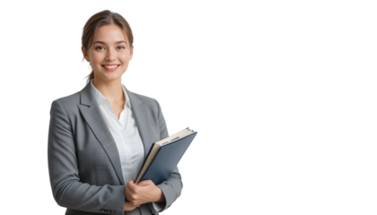 Smiling businesswoman holding notebook isolated on transparent background