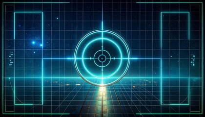 Futuristic targeting screen with glowing grid and stars