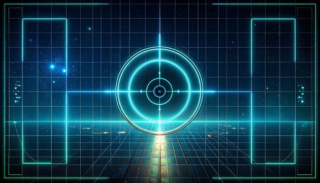 Futuristic targeting screen with glowing grid and stars - Powered by Adobe