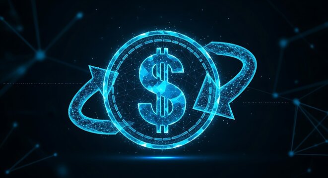 Digital Dollar Exchange Cycle with Glowing Wireframe Technology