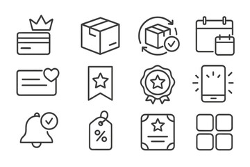 Subscription Icons Collection. Line style icons of recommended subscriptions: plan card with crown, box with label, recurring