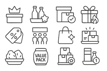 Icon Set Bundles. Line style icons of best bundles: combo pack with crown, dual item tray with star label, bundle icon with badge,