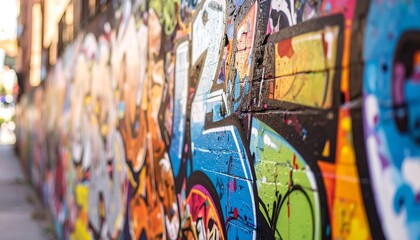 Colorful graffiti art covers a long brick wall in an urban setting, showcasing vibrant street art