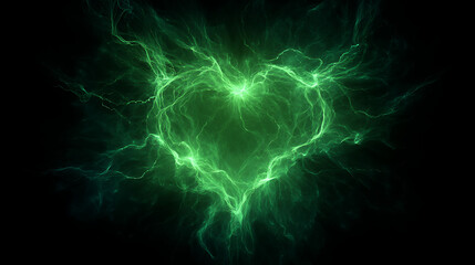 Naklejka premium Abstract green heart shape with electric energy bursts against a dark background, symbolizing love