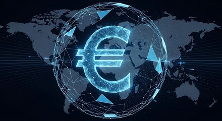 Digital Euro Symbol in Global Network Sphere on Dark World Map