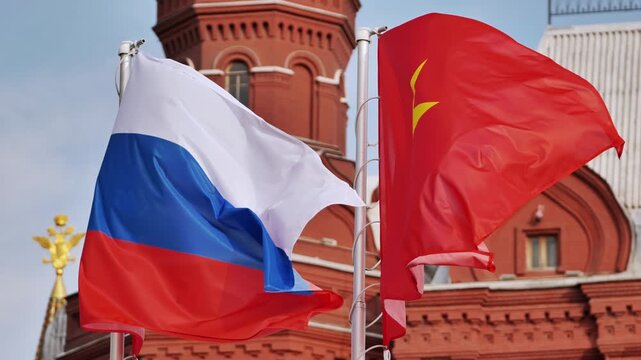 Russian and Vietnamese flags waving in Moscow