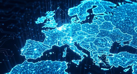 Futuristic Digital Map of Europe Showing Glowing Network Data Connections