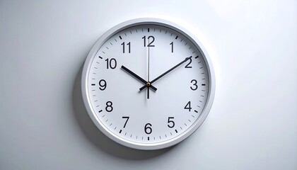 A white, round wall clock with black numerals and hands. It displays time against a plain white wall