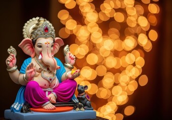 Fototapeta premium vibrant ganesha idol with intricate details sits against backdrop of glowing bokeh lights. ganesh chaturthi celebration. print design, greeting card, festive poster.