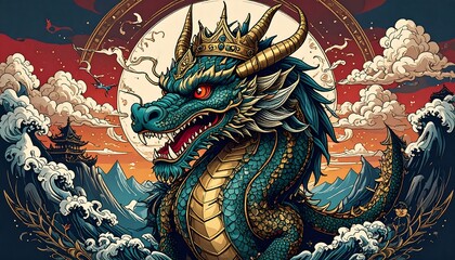 Majestic dragon with crown, rising above waves