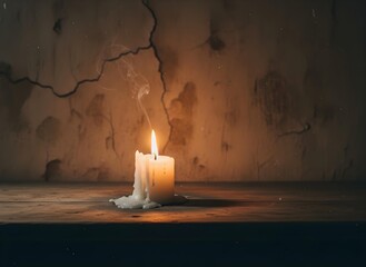 Single Candle Casting Long Shadows in Rustic Room