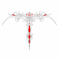 Neo tribal ornament vector with red accent, cyber gothic symmetrical design resembling wings and sword, perfect for tattoo, t-shirt, sticker, or poster
