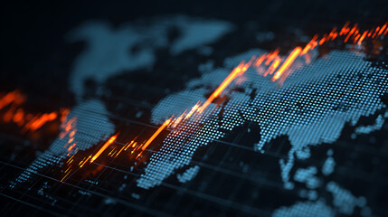 Abstract digital world map with glowing data visualization representing global trends