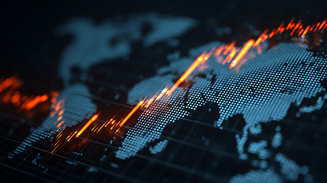 Abstract digital world map with glowing data visualization representing global trends