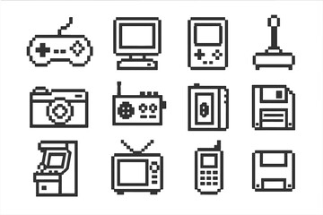 Pixel Gadget Icons. Line style icons of pixel gadgets: retro game controller, CRT monitor, 8-bit handheld console, joystick; pixel
