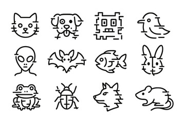 Glitched Creatures Icons. Line style icons of glitch creatures: glitched cat, distorted dog, pixel monster, flickering bird;