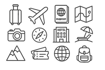Monochrome Travel Icons. Line style icons of monochrome travel: monochrome suitcase, monochrome airplane, monochrome passport,