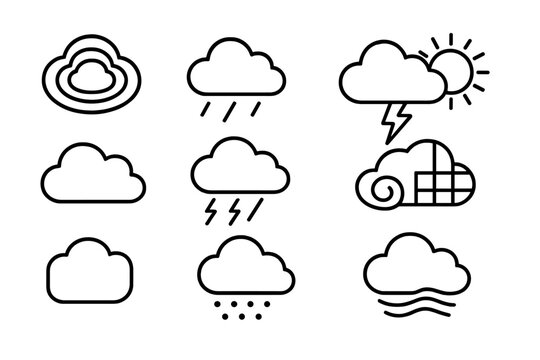 Geometric Weather Icons. Line style icons of geometric clouds: layered cloud rings, raindrop lines, arc storm shape, sun with