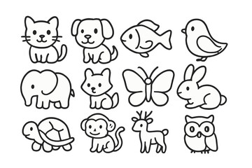 Obraz premium Glossy Animal Icons. Line style icons of glossy animals: glossy cat, glossy dog, glossy fish, glossy bird; glossy elephant, glossy