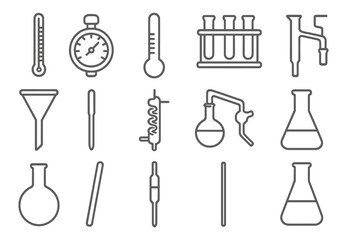 Glass Lab Instruments Icons. Line style icons of glass instruments: glass thermometer, glass barometer, glass hydrometer, glass