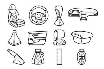 Leather Automotive Icons. Line style icons of leather automotive items: leather car seat, leather steering wheel, leather shift