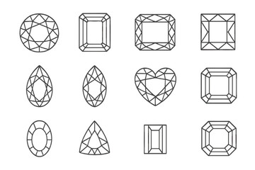 Diamond Cut Icons. Line style icons of classic diamond cuts: round brilliant diamond, emerald cut diamond, cushion cut diamond,