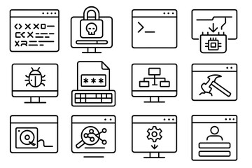 Hacking Software Icons. Line style icons of hacking software: malware code window, ransomware dashboard, terminal script run,