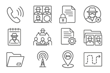 Espionage Investigation Icons. Line style icons of espionage investigation: wiretap alert, agent photo grid, encrypted file icon,