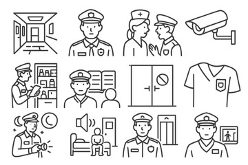 Hospital Security Icons. Line style icons of hospital patrol: hallway view icon, officer with med badge, nurse conversation, entry