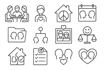 Fototapeta premium Family Mediation Icons. Line style icons of family mediation: couple and mediator, child icon with heart, house with peace sign,