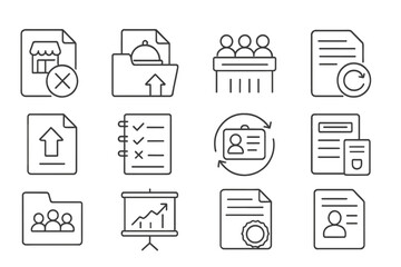 Licensing Appeal Icons. Line style icons of licensing appeals: denied business license, food service appeal file, regulatory board