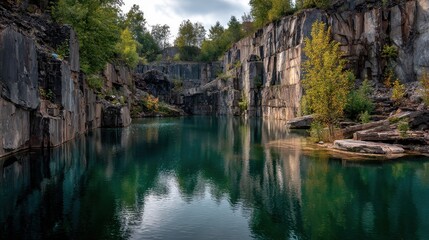 Fototapeta premium Serene Emerald Waters Reflecting Towering Quarry Cliffs and Lush Greenery Under a Dynamic Sky