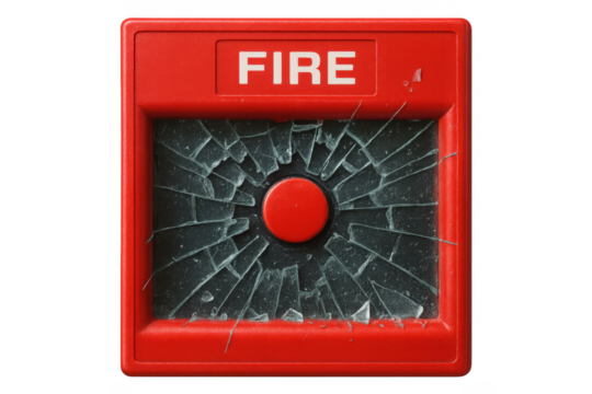 Broken glass protecting fire alarm button on transparent background - Powered by Adobe