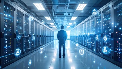 Businessman in Data Center with Abstract Visualization of Data Encryption and Secure Information Flow