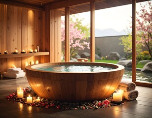 Tranquil spa with wooden tub, outdoor view