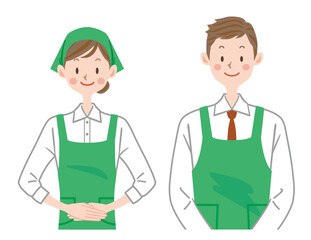 スーパーの店員　パート　従業員　エプロン姿の男女　あいさつ
