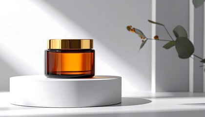 Amber jar on white pedestal, sunlit scene