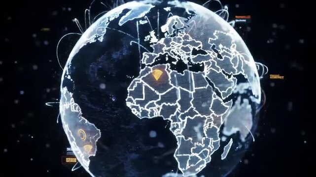 A digital illustration of a globe with white outlined country borders and scattered digital compliance tools on a black background with stars. - Powered by Adobe