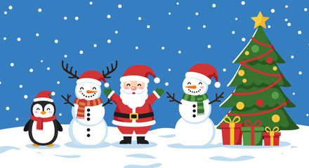 Vector Illustration of Cute Cartoon Christmas Friends Santa Claus Snowman Reindeer Penguin and Tree on Snow with Blue Sky and Falling Snowflakes