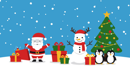 Vector Illustration of Cute Cartoon Christmas Friends Santa Claus Snowman Reindeer Penguin and Tree on Snow with Blue Sky and Falling Snowflakes