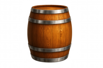 Classic wooden barrel with metal rings, isolated on transparent background, ideal for projects related to wine, beer, or whiskey production