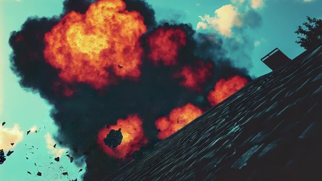 Burning fireball exploding over rooftop with debris flying