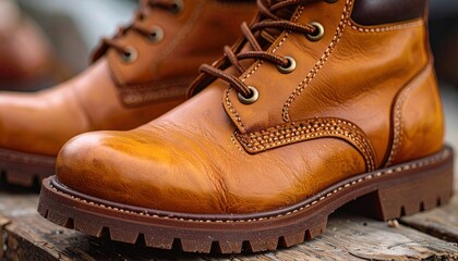 Closeup of Brown Leather Boots on Wooden Surface