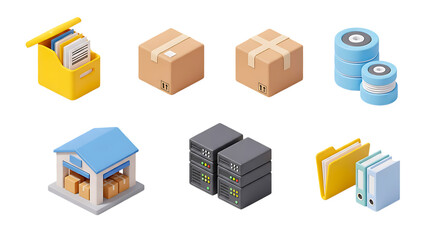 3d clay icon set of collection of isometric icons representing data storage, logistics, and office organization, isolated on a transparent background.
