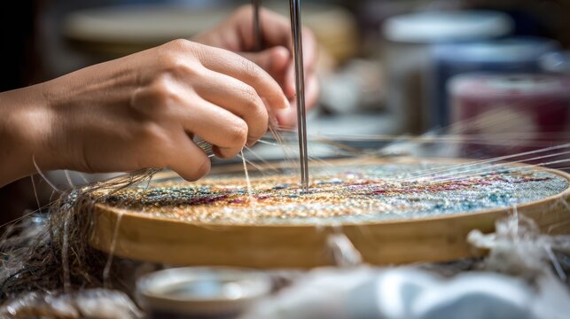 Focus on a hand threading a needle over embroidery fabric secured by a hoop embroidery materials in gentle blur enhancing artisanal detail.