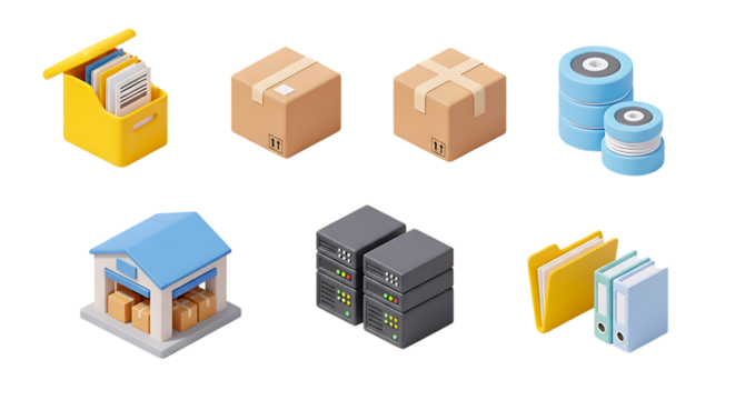 3d clay icon set of collection of isometric icons representing data storage, logistics, and office organization, isolated on a transparent background.