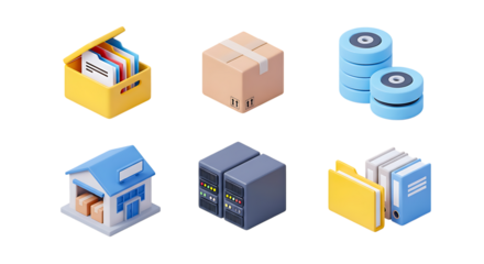 3d clay style icon of a collection of isometric icons representing data storage, logistics, and office organization, isolated on a transparent background
