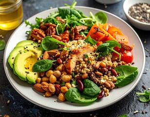 Colorful and Nutritious Grain Bowl with Salmon, Avocado and Mixed Vegetables
